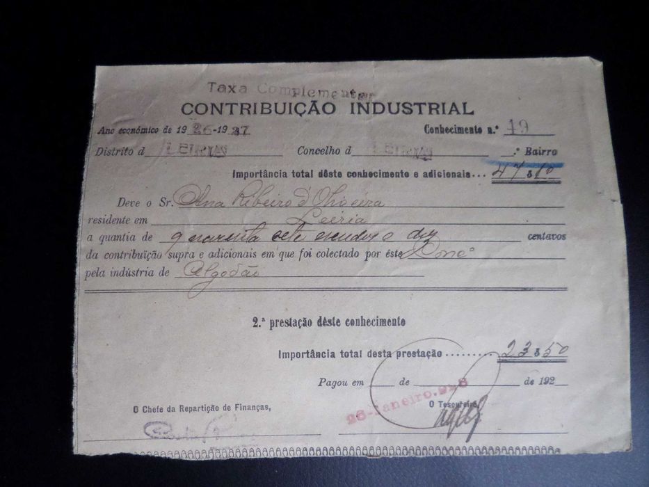 'Documento' :  Contribuição Industrial , Ano  1927