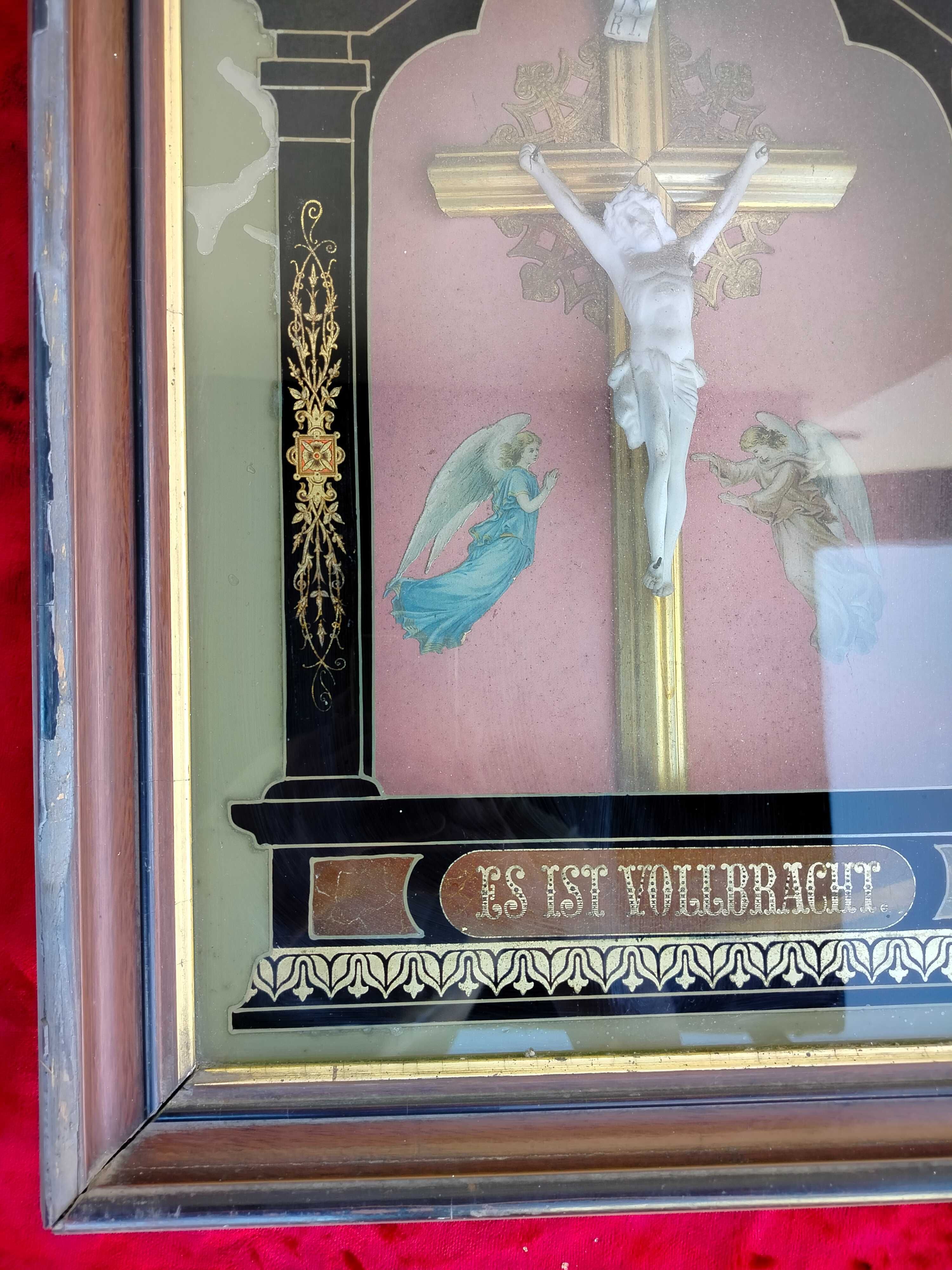 Stary unikatowy obraz kapliczka religijny z krzyżem