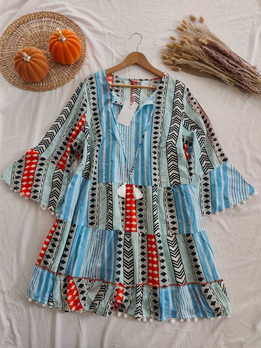 Letnia wzorzysta sukienka tunika bawełniana niebieska boho luźna