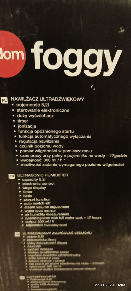 Nawilżacz powietrza ultradźwiękowy elektryczny jonizator higrometr