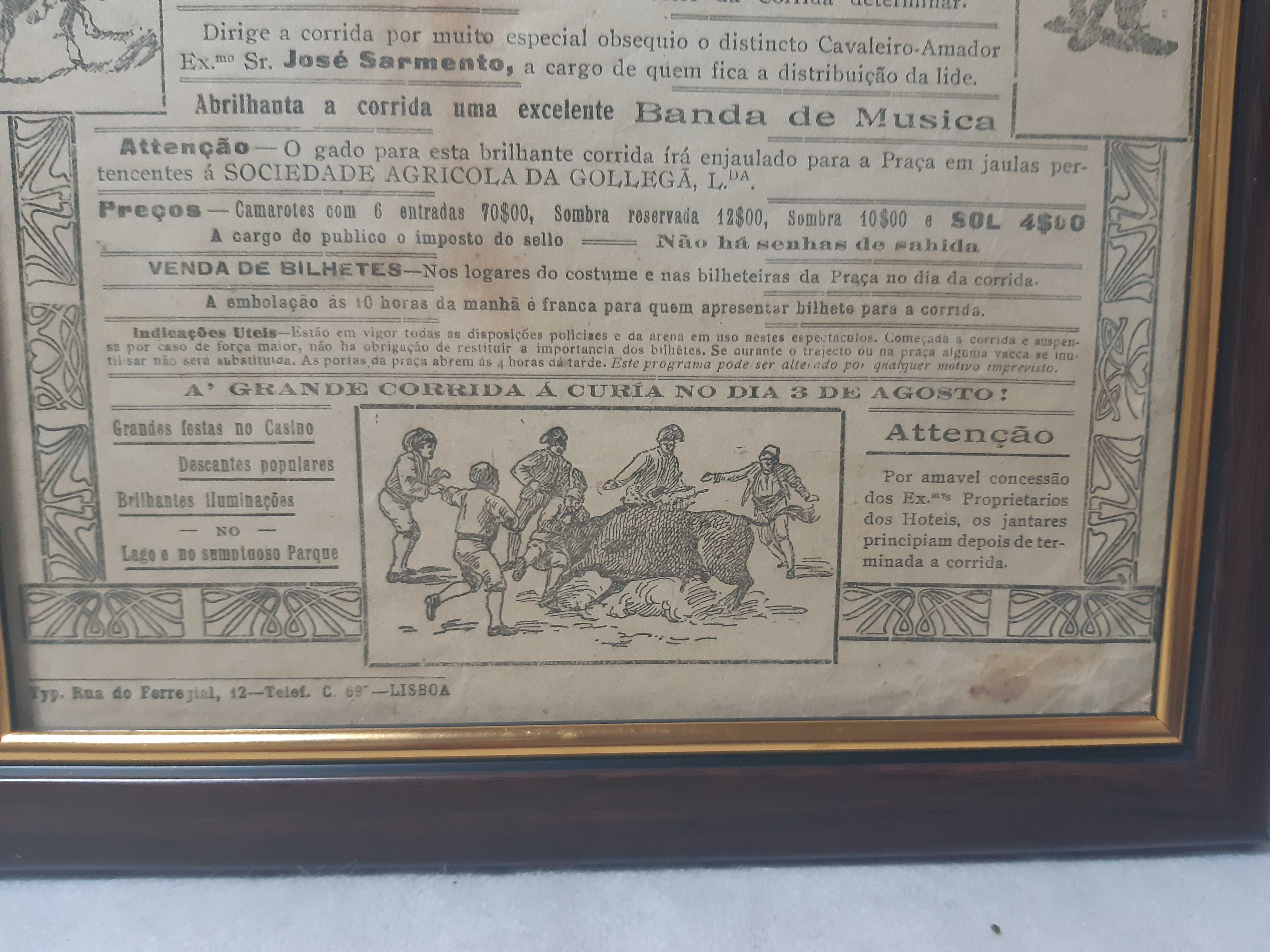 Cartaz em papel Praca de Touros da Curia 1924.