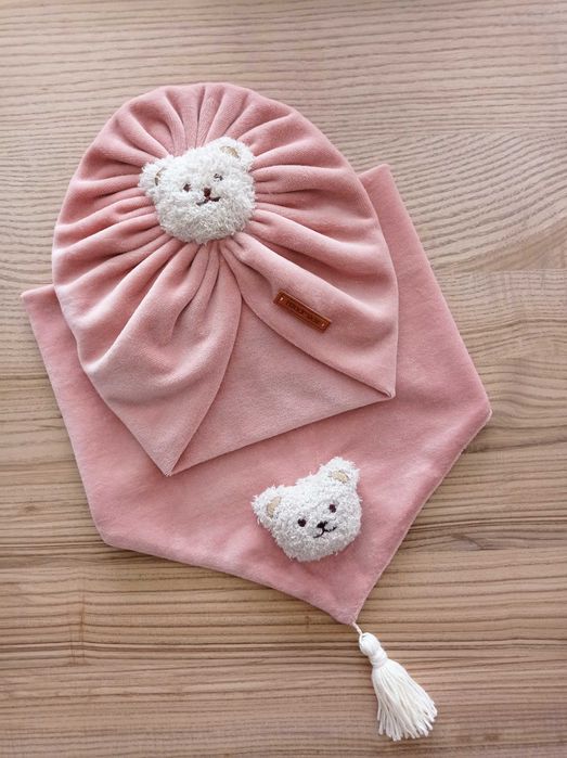 Turban i chusta dla dziewczynki, z misiem, welur