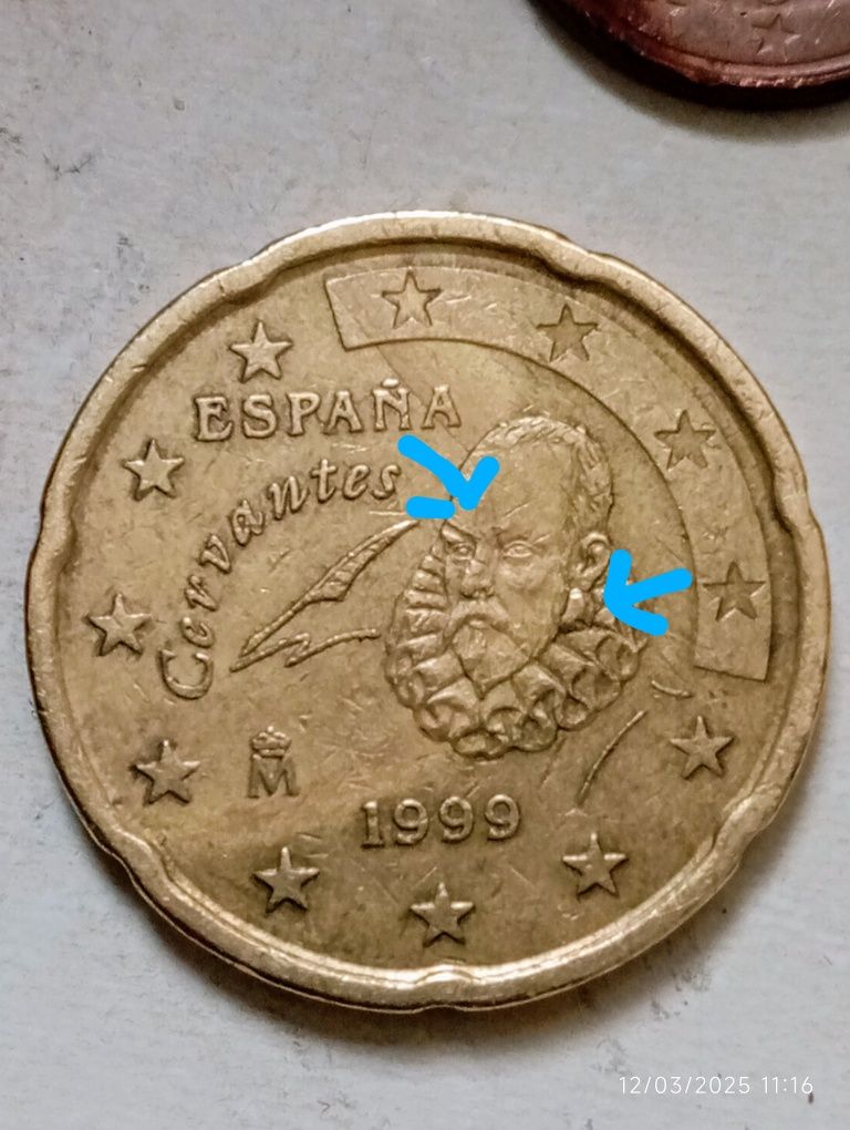 Moeda de 20 cêntimos Espanha 1999 com vários defeitos.