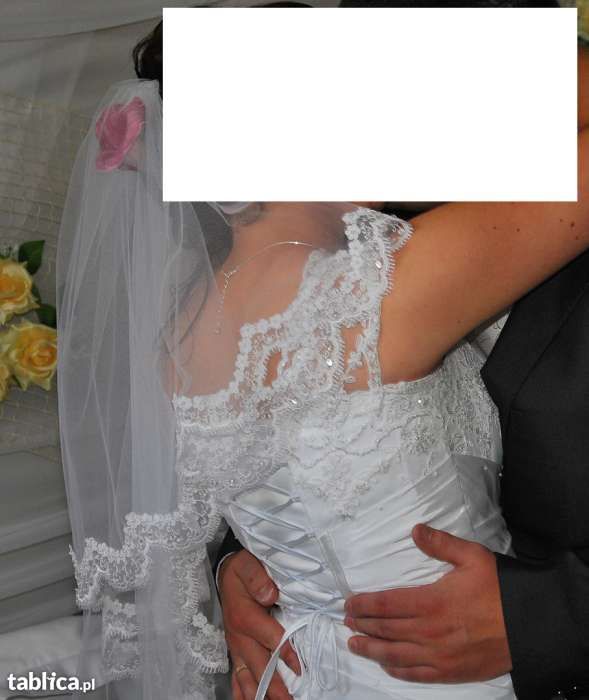 Biała długa suknia ślubna koronka gorset 40/42 z welonem i bolerkiem
