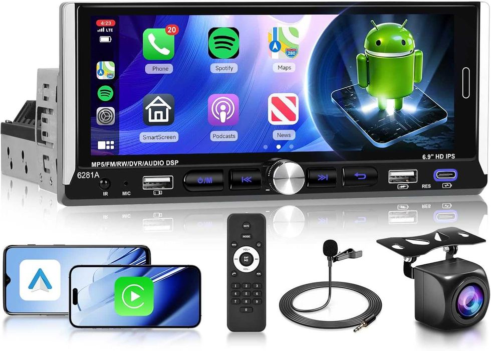 Radio Samochodowe 1-DIN Android Auto CarPlay Wifi Kamera Cofania