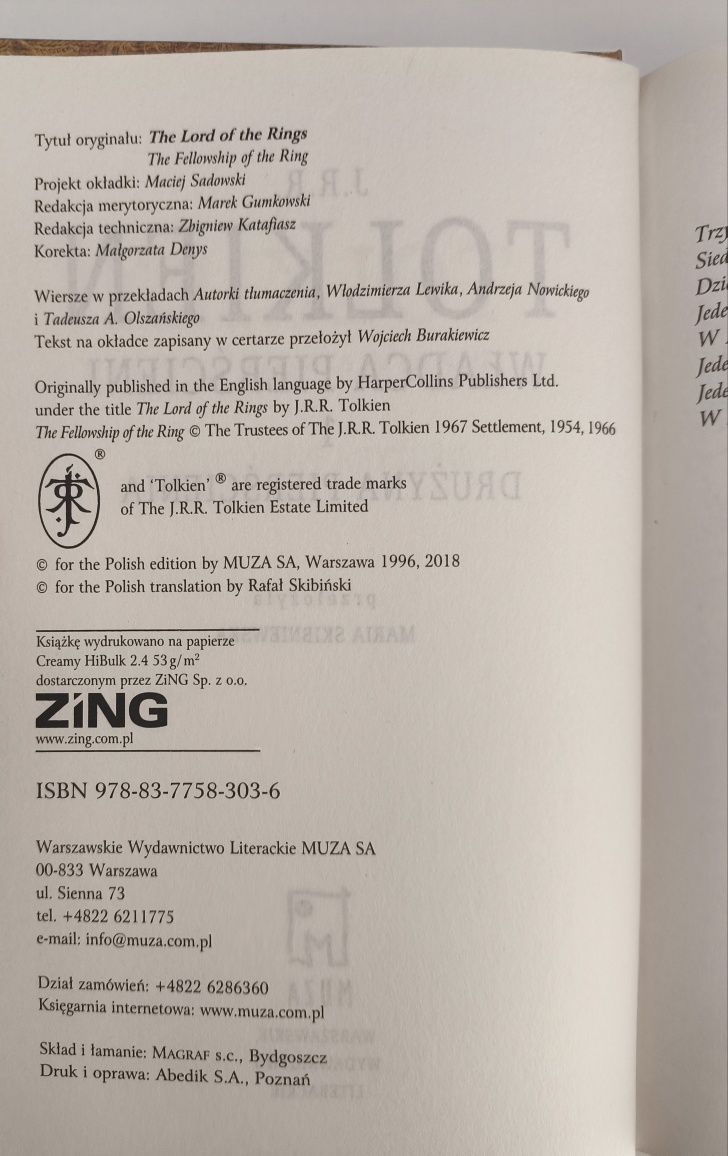 Władca pierścieni, Tolkien Wydawnictwo Muza 2018