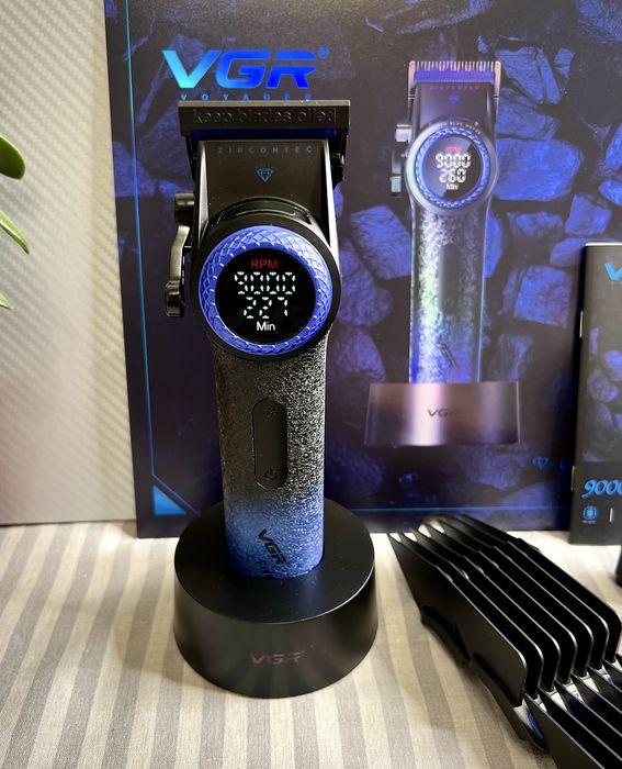 Машинка для стрижки VGR V-001 BLUE, дисплей, 9000 об/хв, 10 насадок