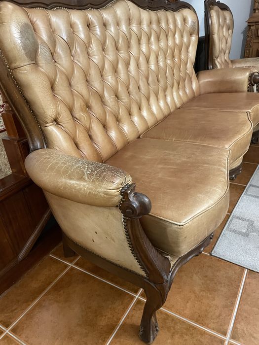 Conjunto de 3 sofás vintage em pele