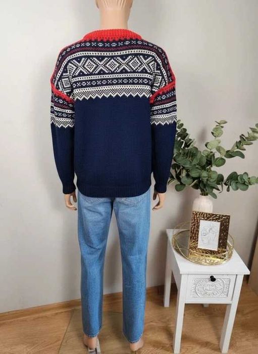 Sweter męski  wełna norweski wzór granatowy z czerwienią XL Handmade