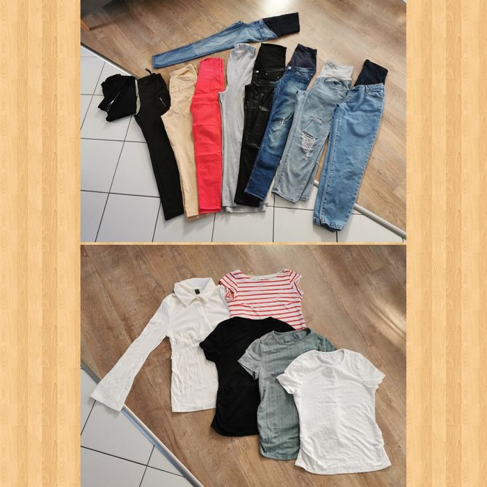 Paka ubrań, ubrania ciążowe spodnie ogrodniczki bluzki sukienki