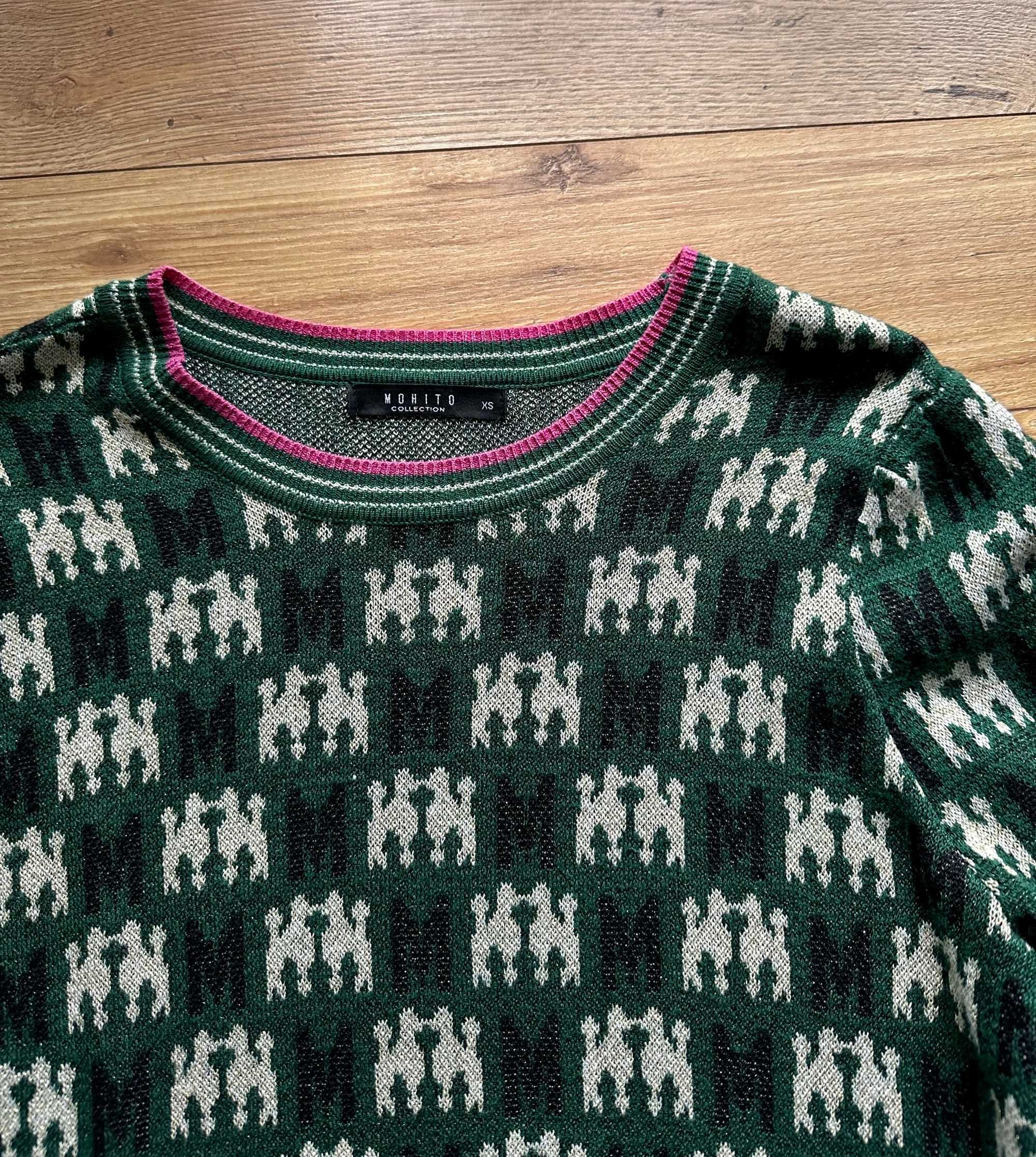 Sweter wiskoza Mohito XS 34 pudle psy printy butelkowa zieleń retro