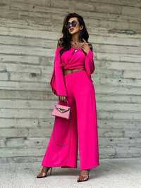 Komplet Spodnie Bluzka Hiszpanka Neonowy Róż, Beż Pinacollada