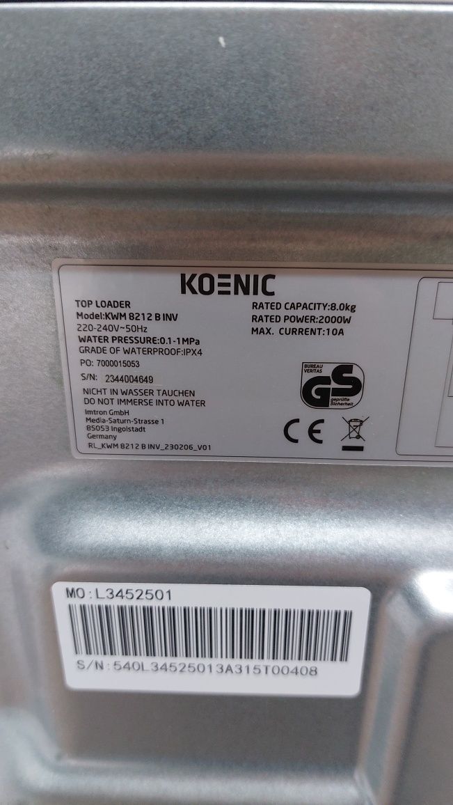 Вертикальна пральна машина вертикалка Koenic 8кг