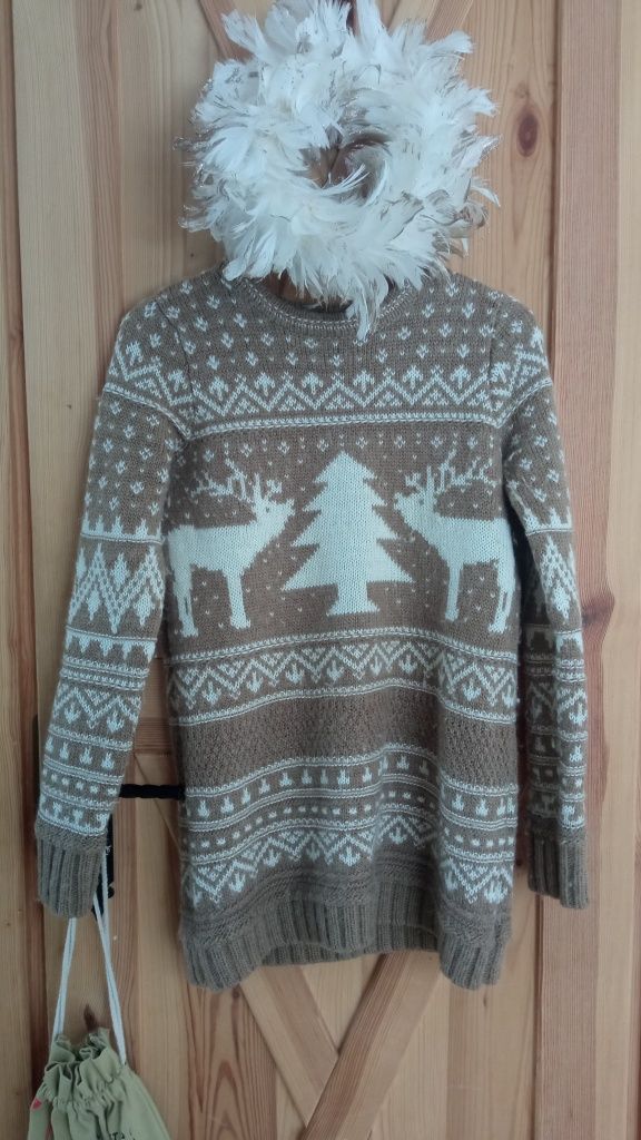 Ciepły gruby wełniany świąteczny bożonarodzeniowy sweter sweterek wełn