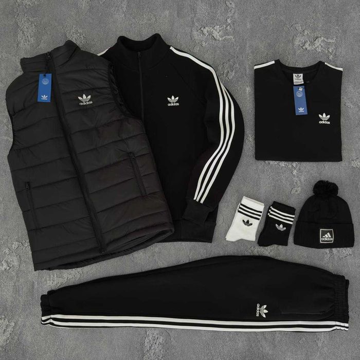 Зимовий чоловічий комплект Adidas (жилет+кофта+штани+футболка+шапка)