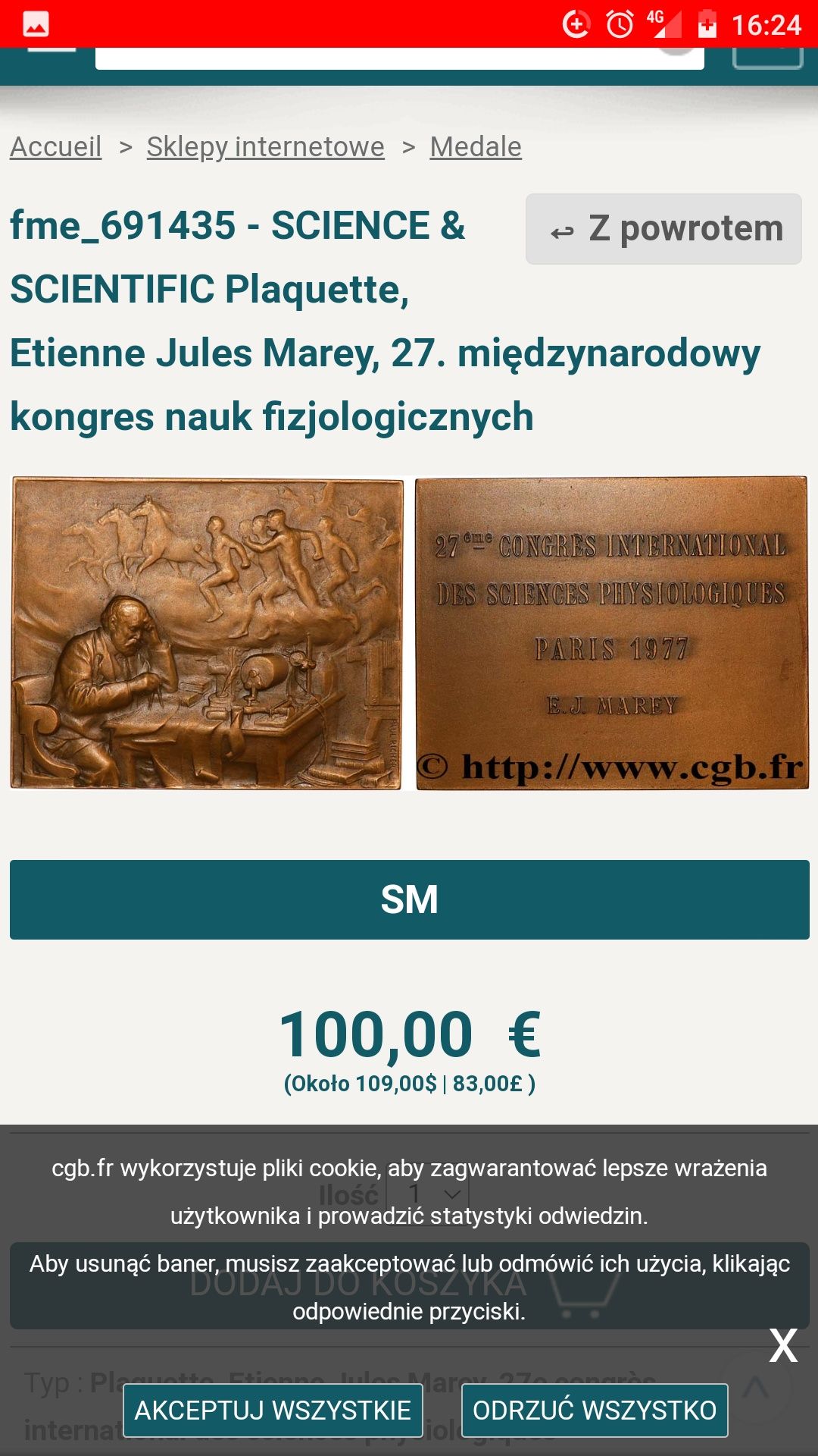 Medal odznaka plakietka Jules Marey 1977 r