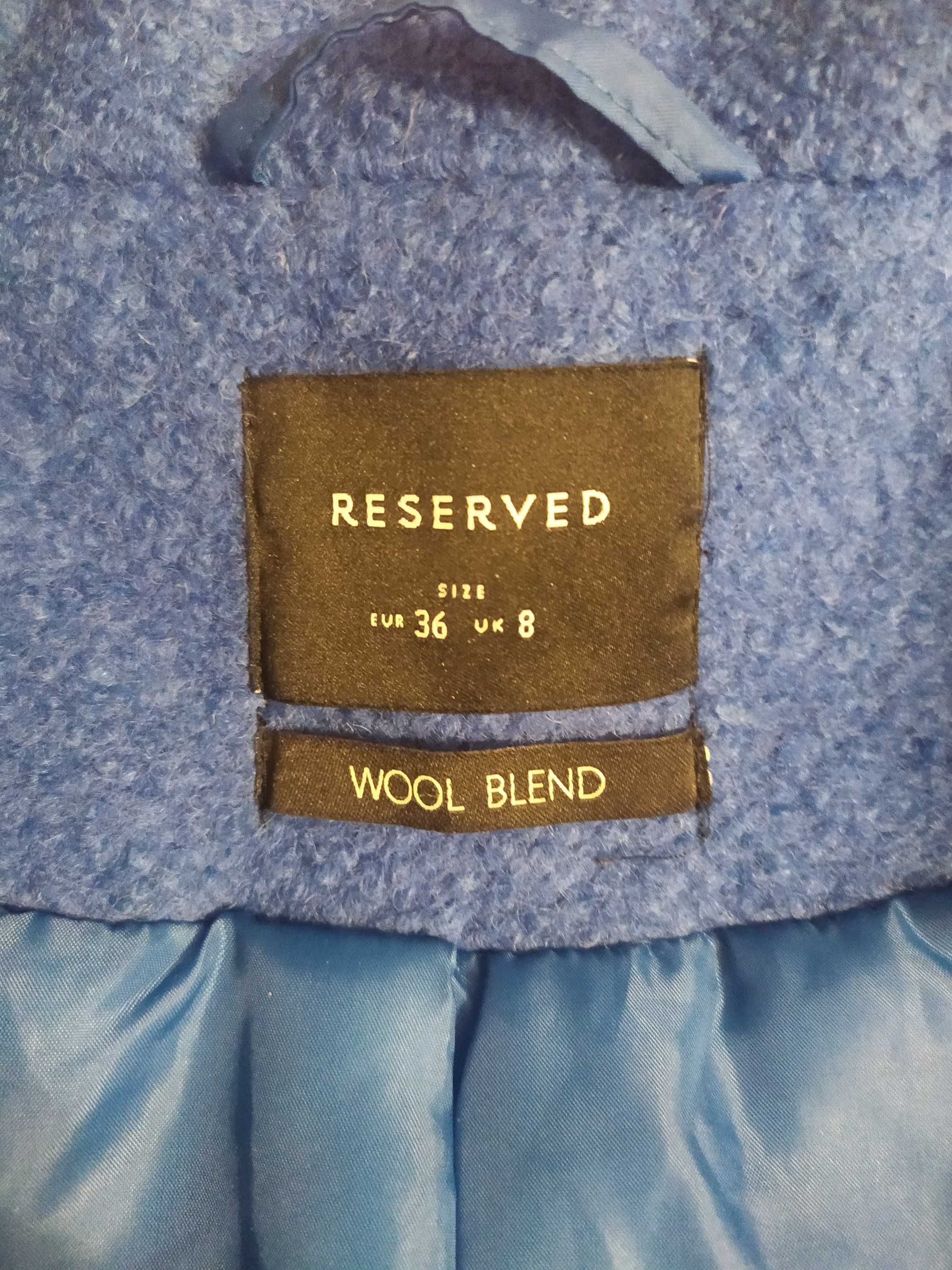Przepiękny niebieski płaszcz Reserved r. 36/38 (s/m) wool blend