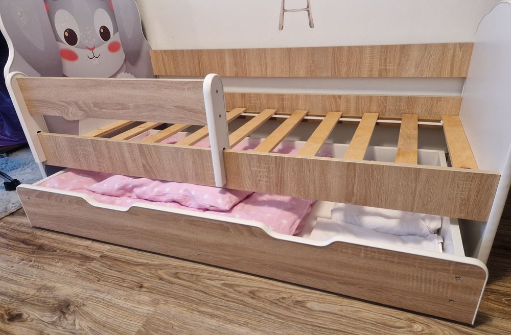 Łóżeczko łóżko dziecięce drewniane królik 140x70 materac pościel