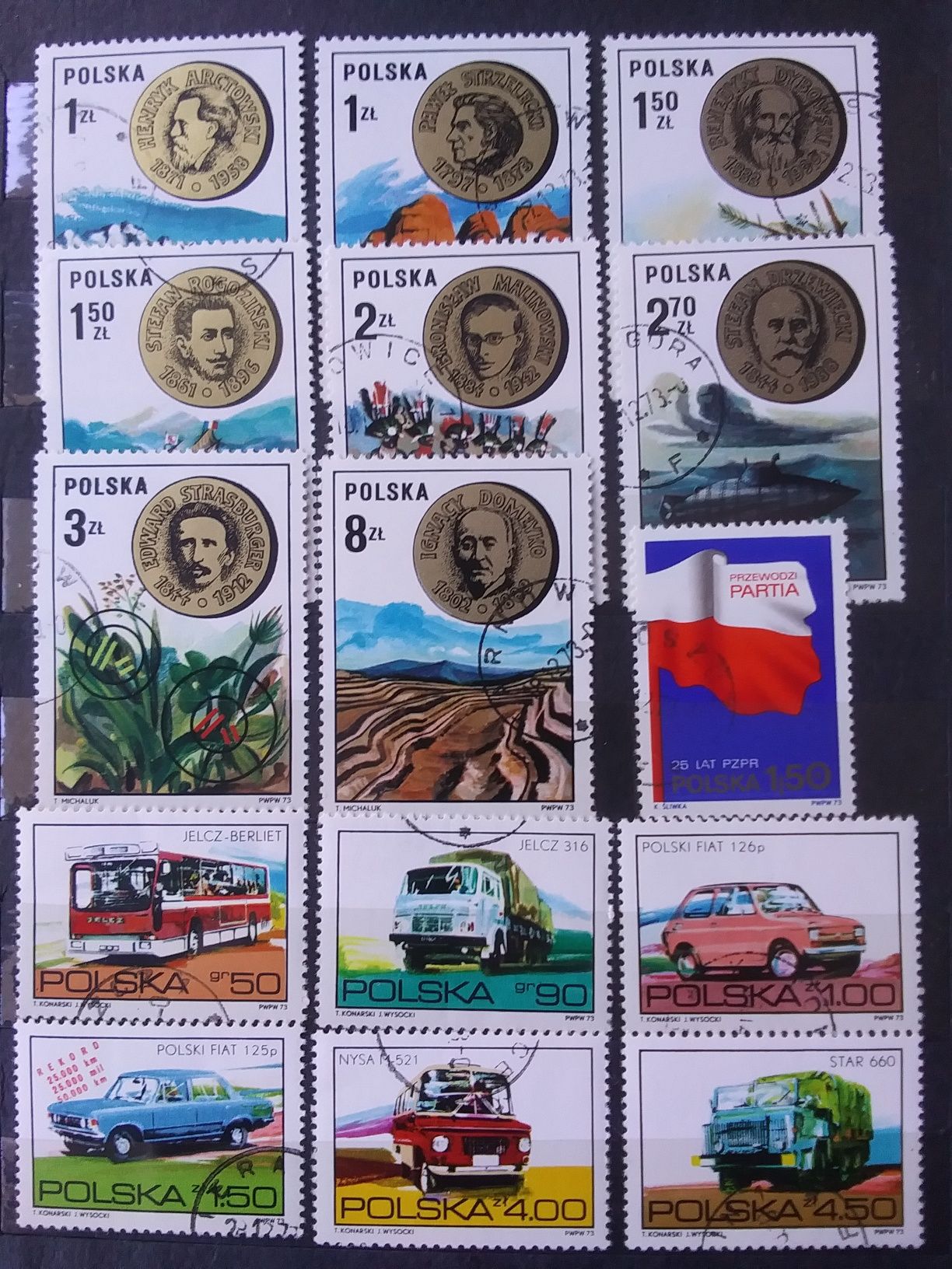 Znaczki pocztowe z roku 1973 niecały rocznik