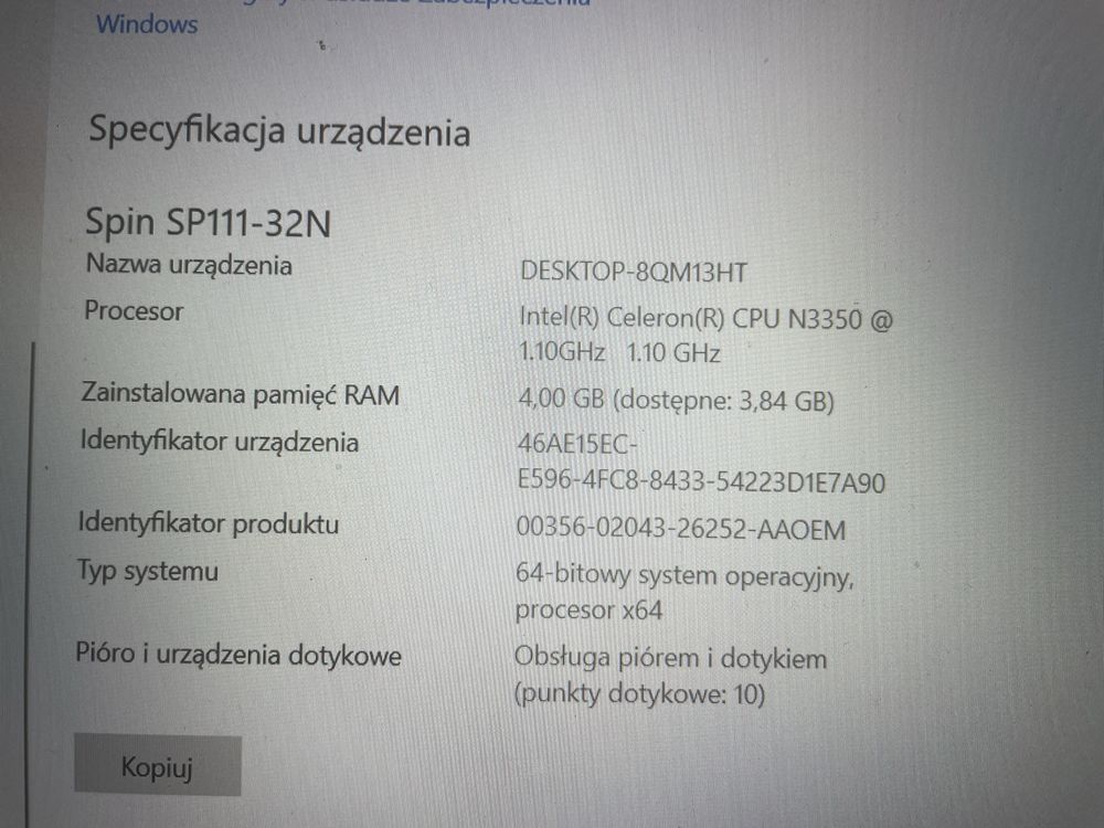 Acer 1 N17H2 dotykowy ekran