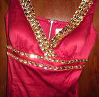 Czerwona sukienka złote kryształki S 36 disco glam zjawiskowa kobieca!