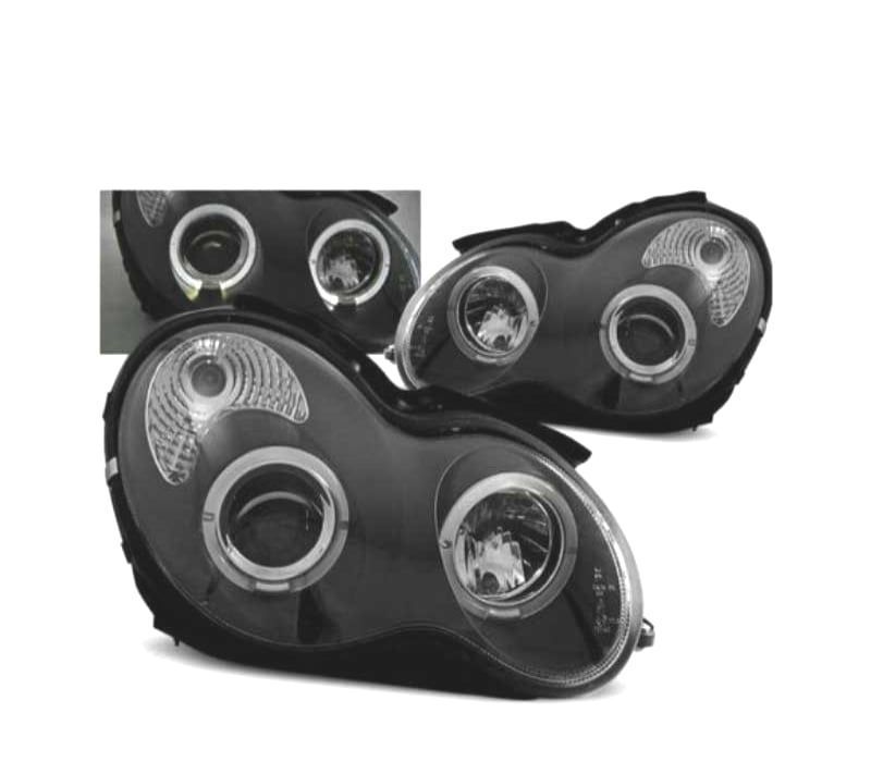 FARÓIS ANGEL EYES CCFL MERCEDES C W203 00-07 FUNDO PRETO