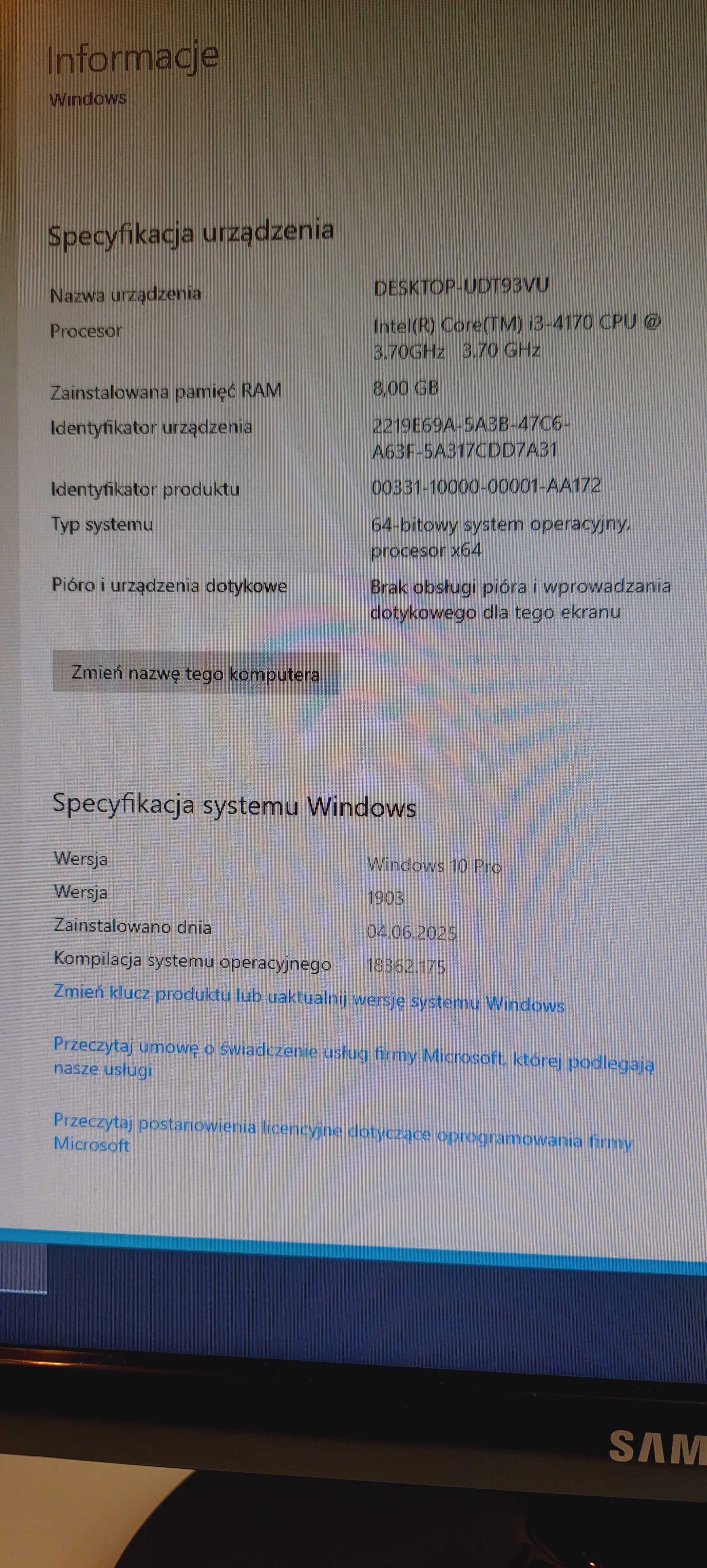 Komputer stacjonarny WIN10 IntelCore i3-4170 3.79 Ghz + monitor 22"