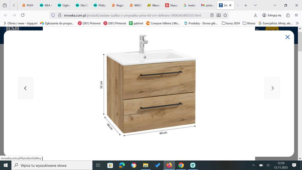 Pinia szafka łazienkowa podwieszana z umywalką złoty dąb 60x52x46