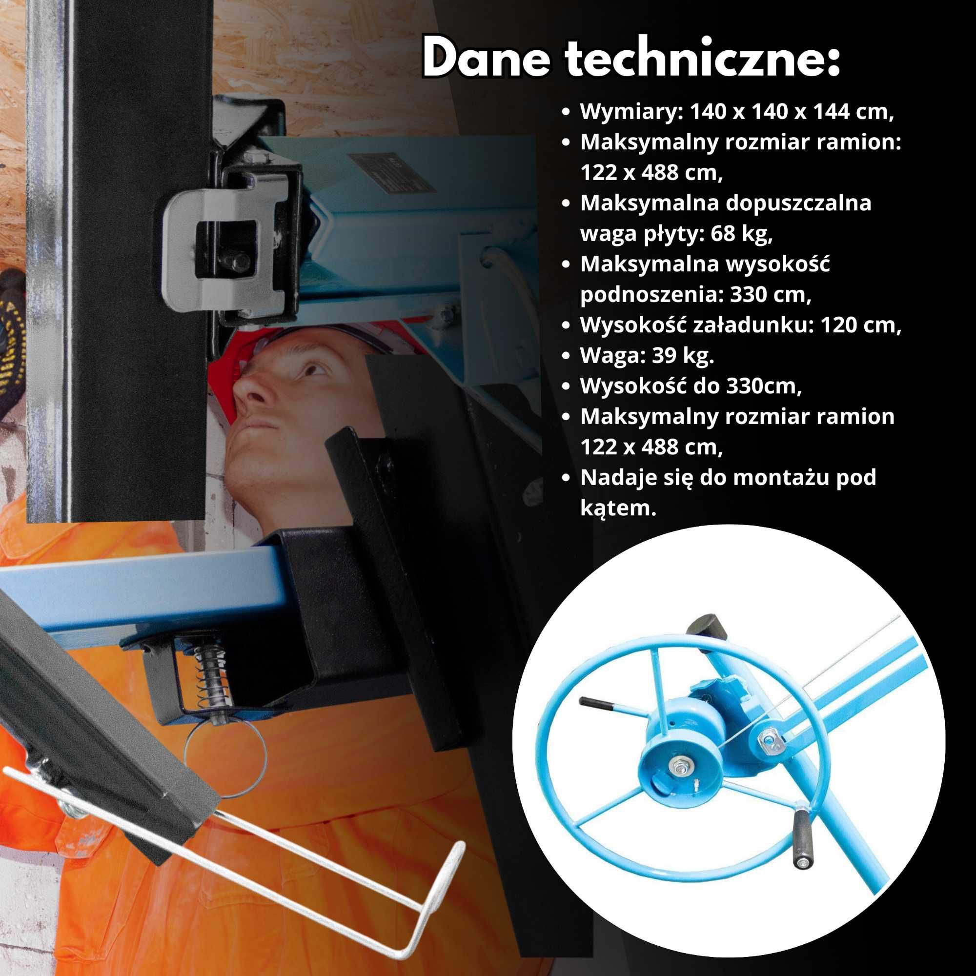 podnośnik do płyt gk osb 330cm Płyty do 68kg Regulowany Mobilny