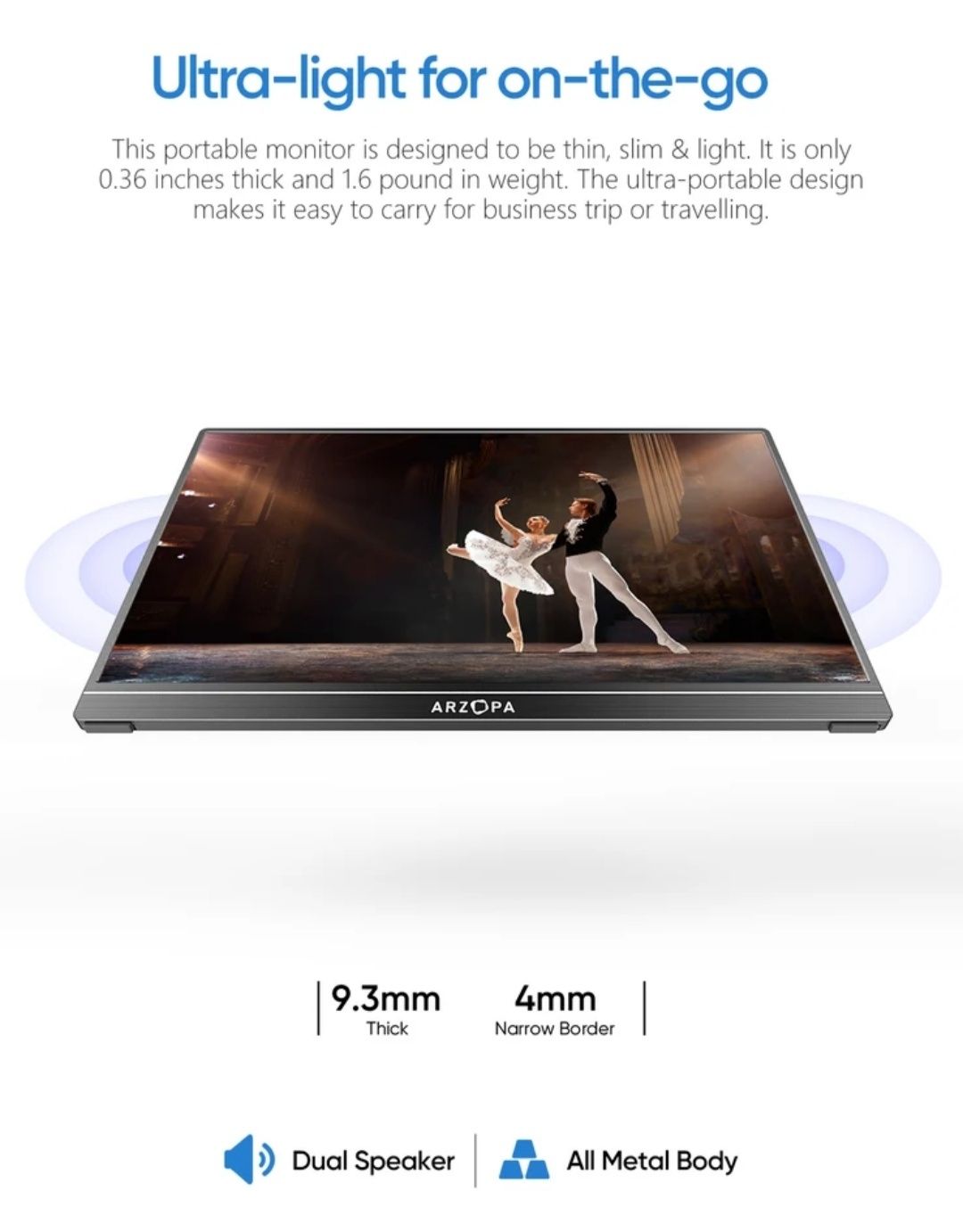 Портативний монітор Arzopa A1 15.6 дюйма, HDR, PS5 / Xbox / TV box