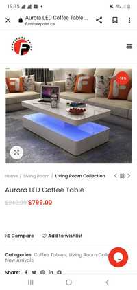 Aurora led coffee table stolik kawowy lawa polysk ledy masywny bialy