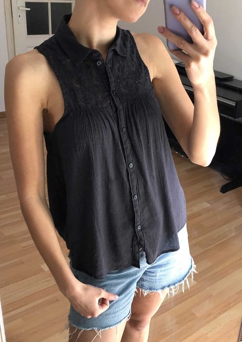 Koszula bez rękawów z kołnierzykiem, ażurowa góra, American Eagle