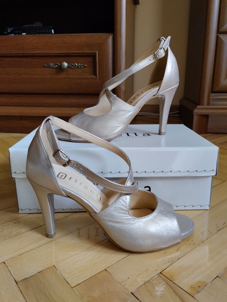 Skórzane szpilki buty na obcasie złote weselne imprezowe peep toe 36