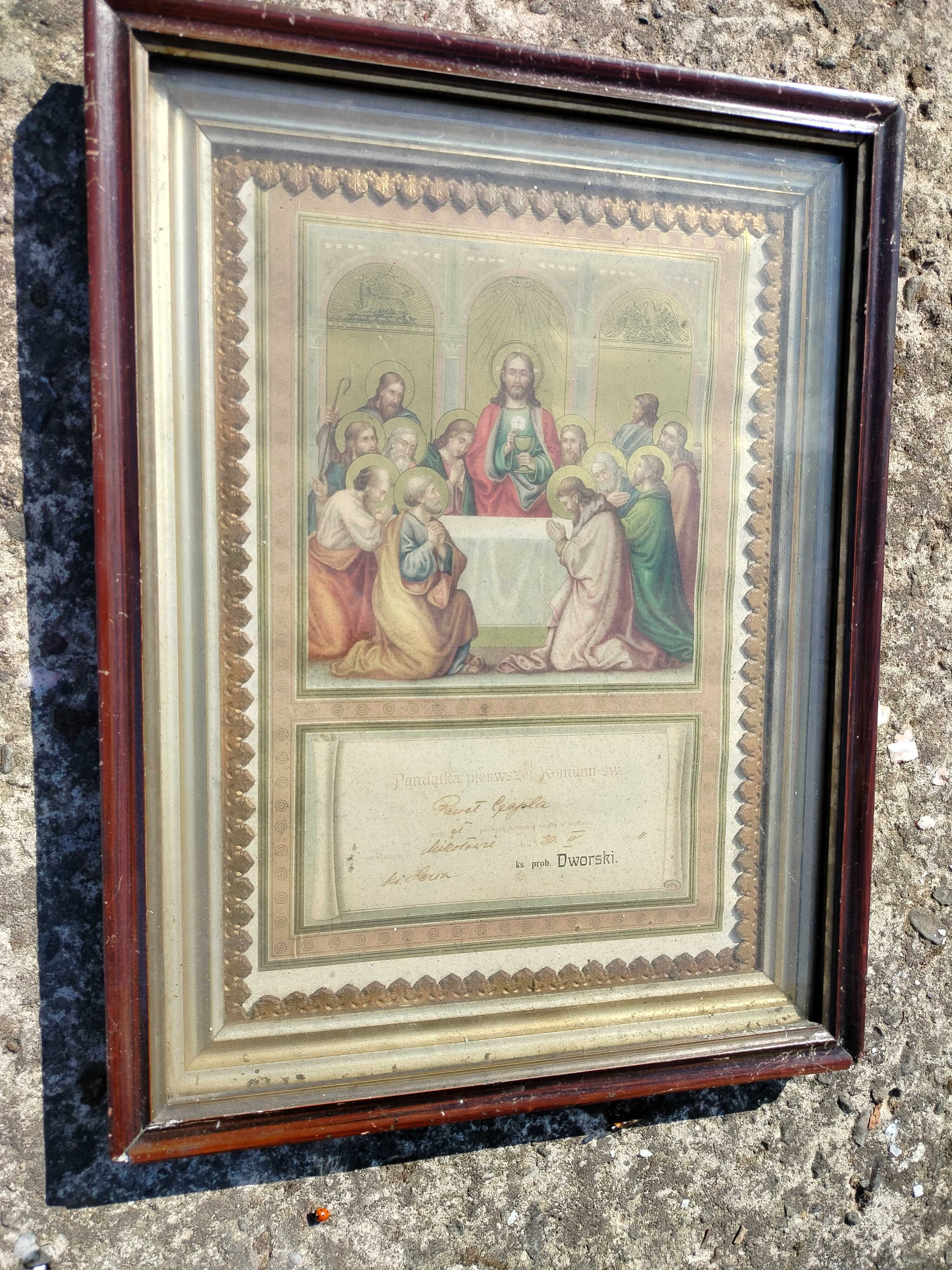 Obraz religijny rama podwójna stara Mikołów pamiątka komuni