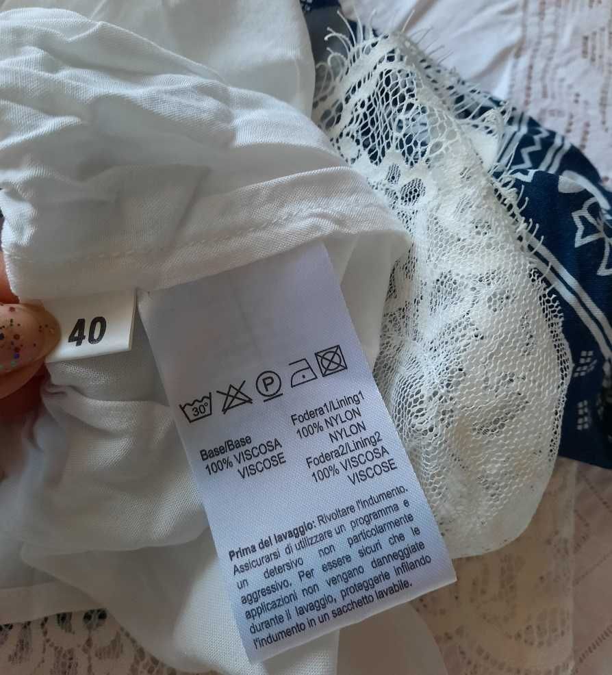 Boho ideał 100% Wiskoza Cudna sukienka koronki print granat biała S XS
