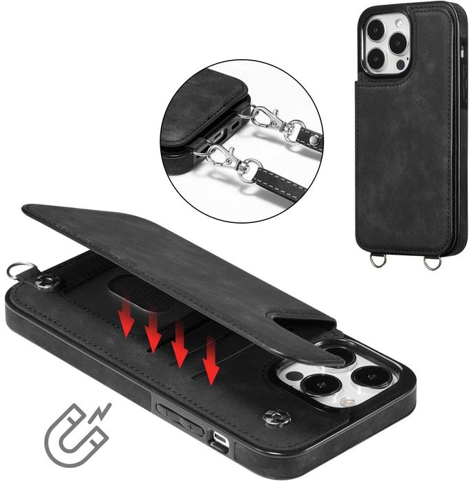 Plecki z klapką i przegródkami do iphone 14 pro max + smycz