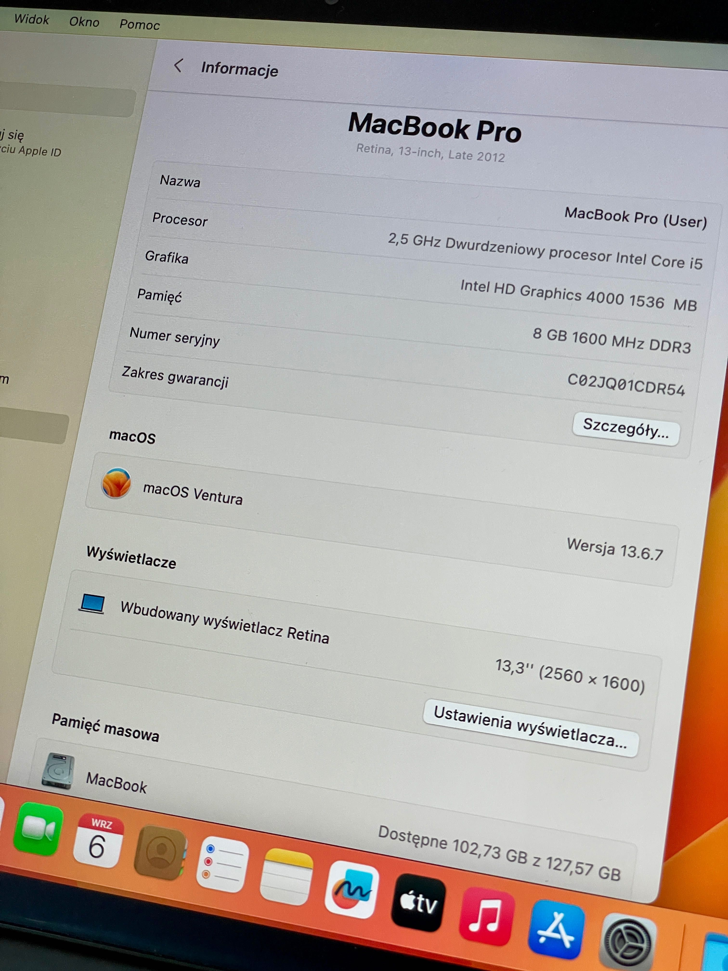 Apple MacBook Pro 13 Late 2012 (A1425) i5/8/128 macOS Ventura