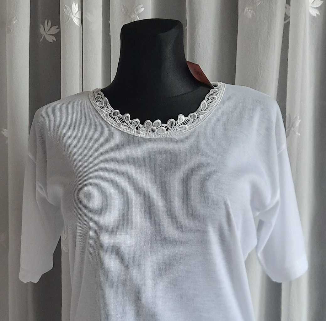Biała z koronką Bawełna koszulka bluzka t-shirt bielizna L M/L