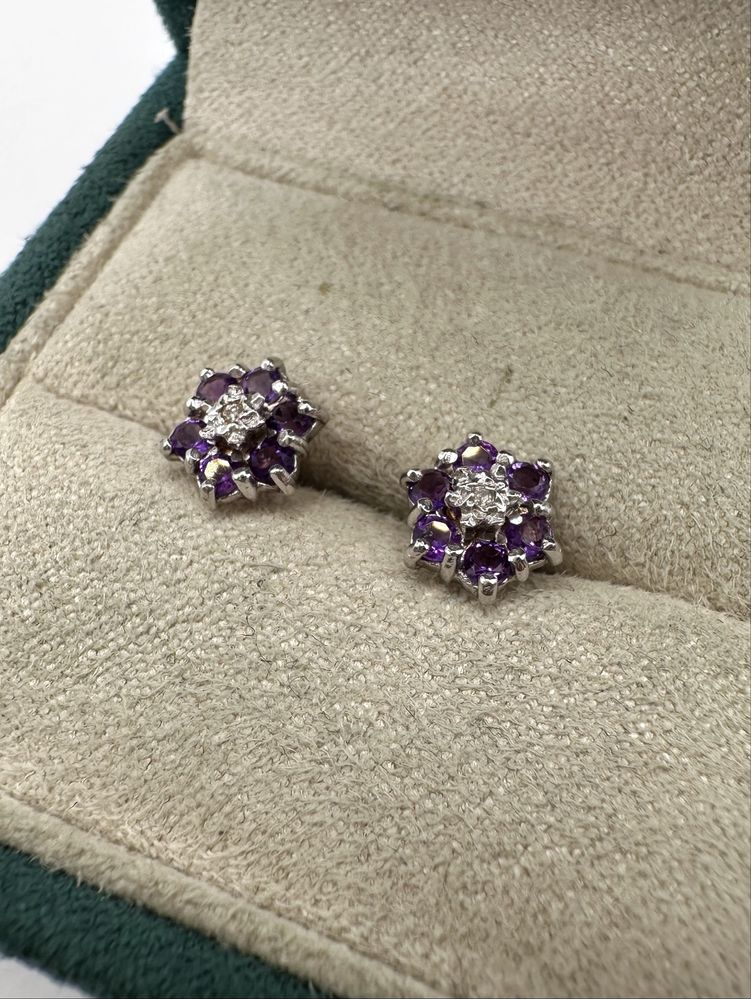 Złote kolczyki z ametystami 0,48ct i diamentami 0,01ct