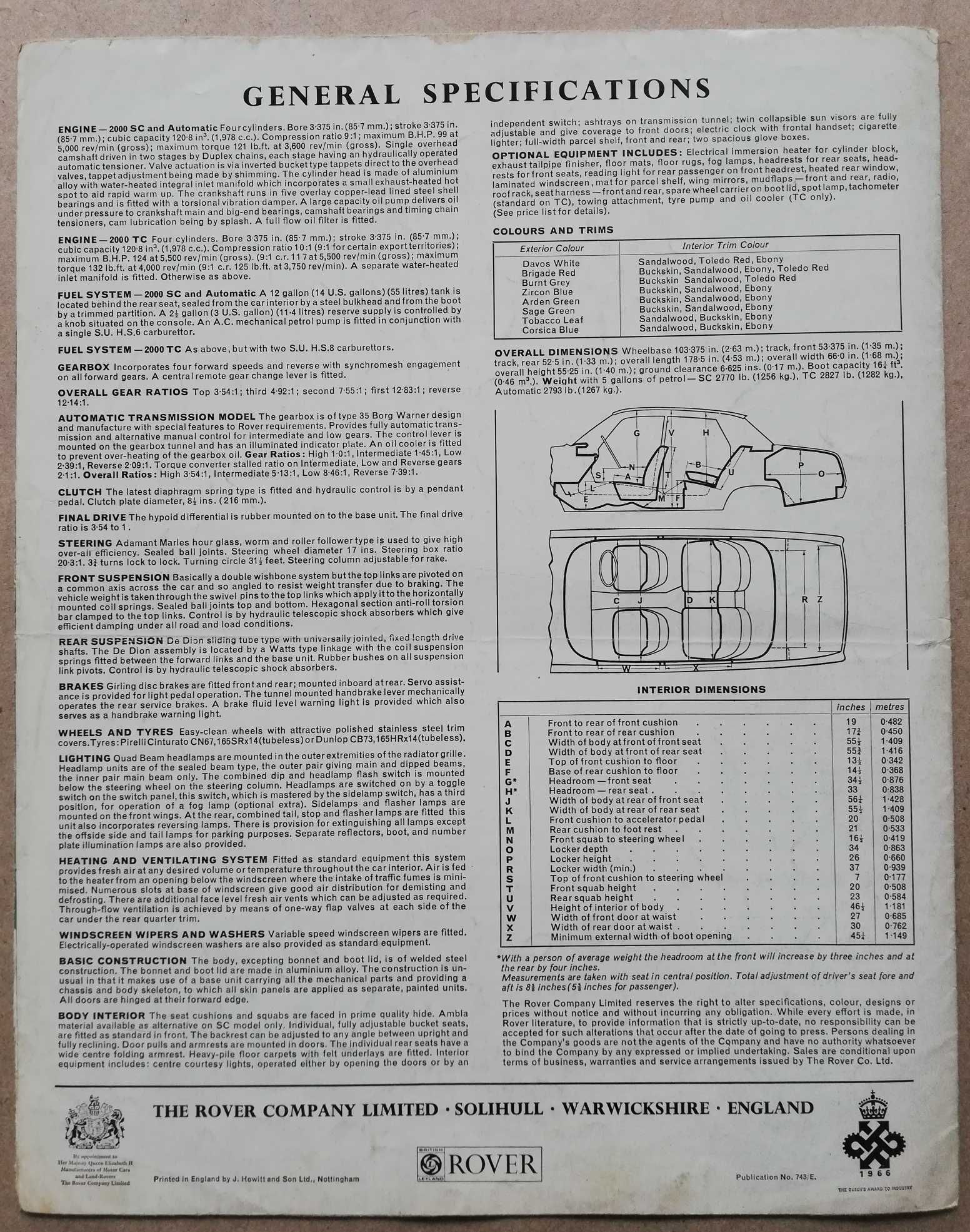 Prospekt Rover 2000 SC i TC rok 1966