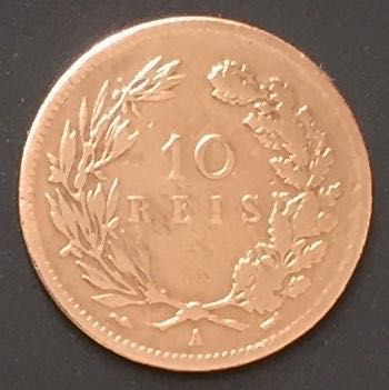 Moeda de 10 reis em bronze - D. Carlos I com "A" de Paris - 1892