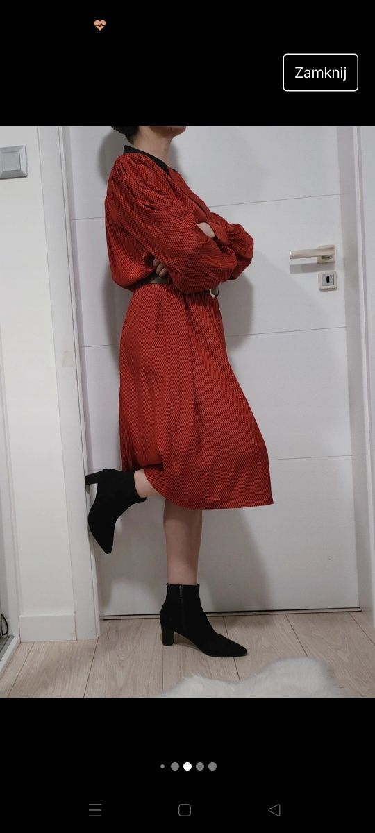 Kopertowa sukienka boho Midi 38 długi rękaw czerwona M