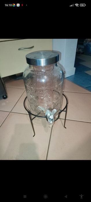 zestaw słój szklany z kranikiem, wkładem na owoce i stojakiem