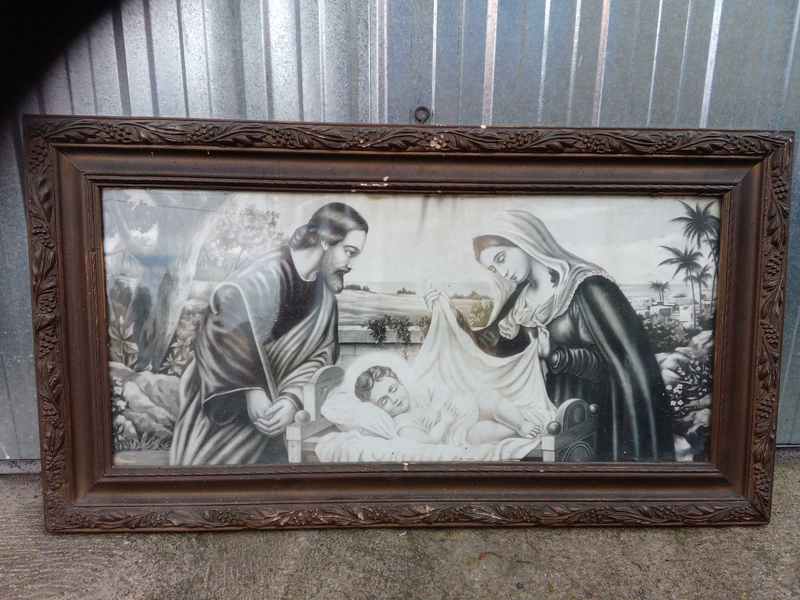 Stary piękny obraz Matki Boskiej z Jezusem i Józefem z czasu PRL