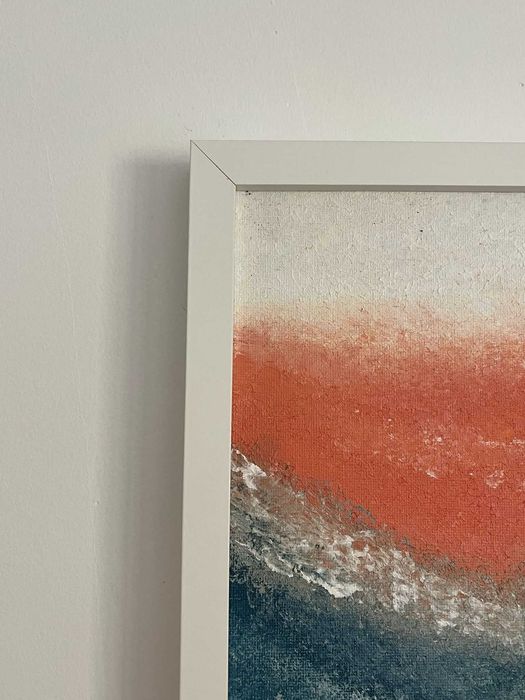 Pintura abstrata em acrílico em tons de azul, salmão e cinzento