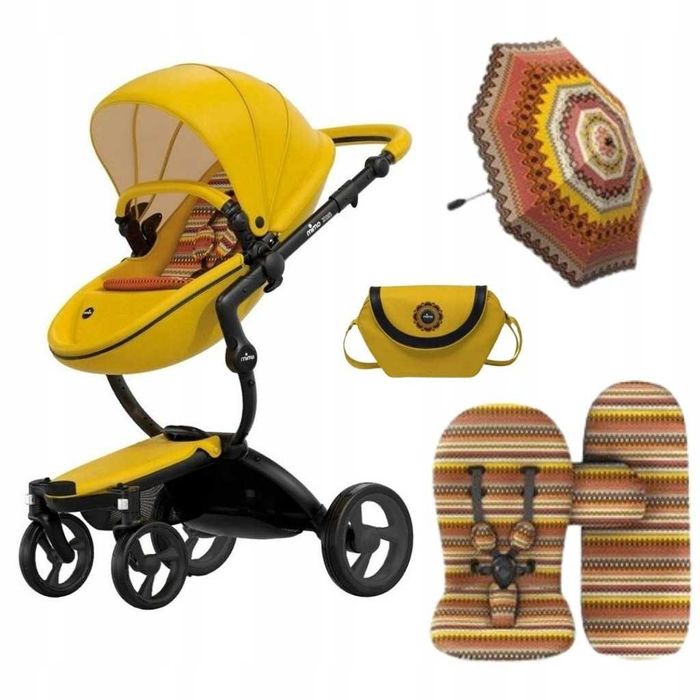 MimaXari Żółty wózek dziecięcy z wieloma akcesoriami *Limited Edition*