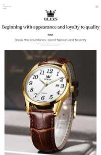 Klasyczny zegarek kwarcowy 39mm Olevs złoty do garnituru brązowy pasek