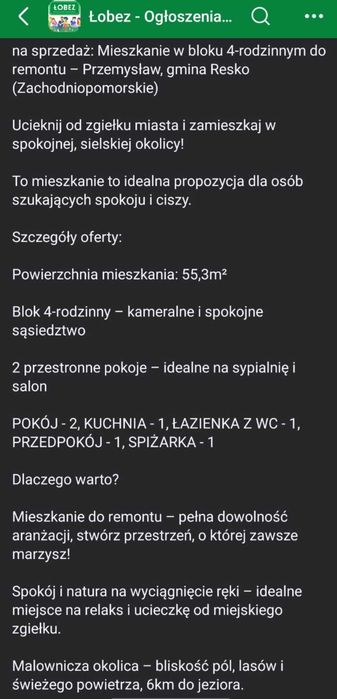 Mieszkanie 55m2 w Przemysławiu gmina Resko