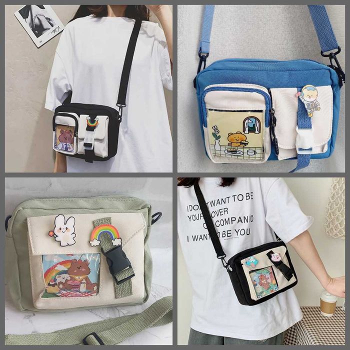 Сумка зі значками, аніме стиль Kawaii Y2K зелена, чорна, блакитна, беж