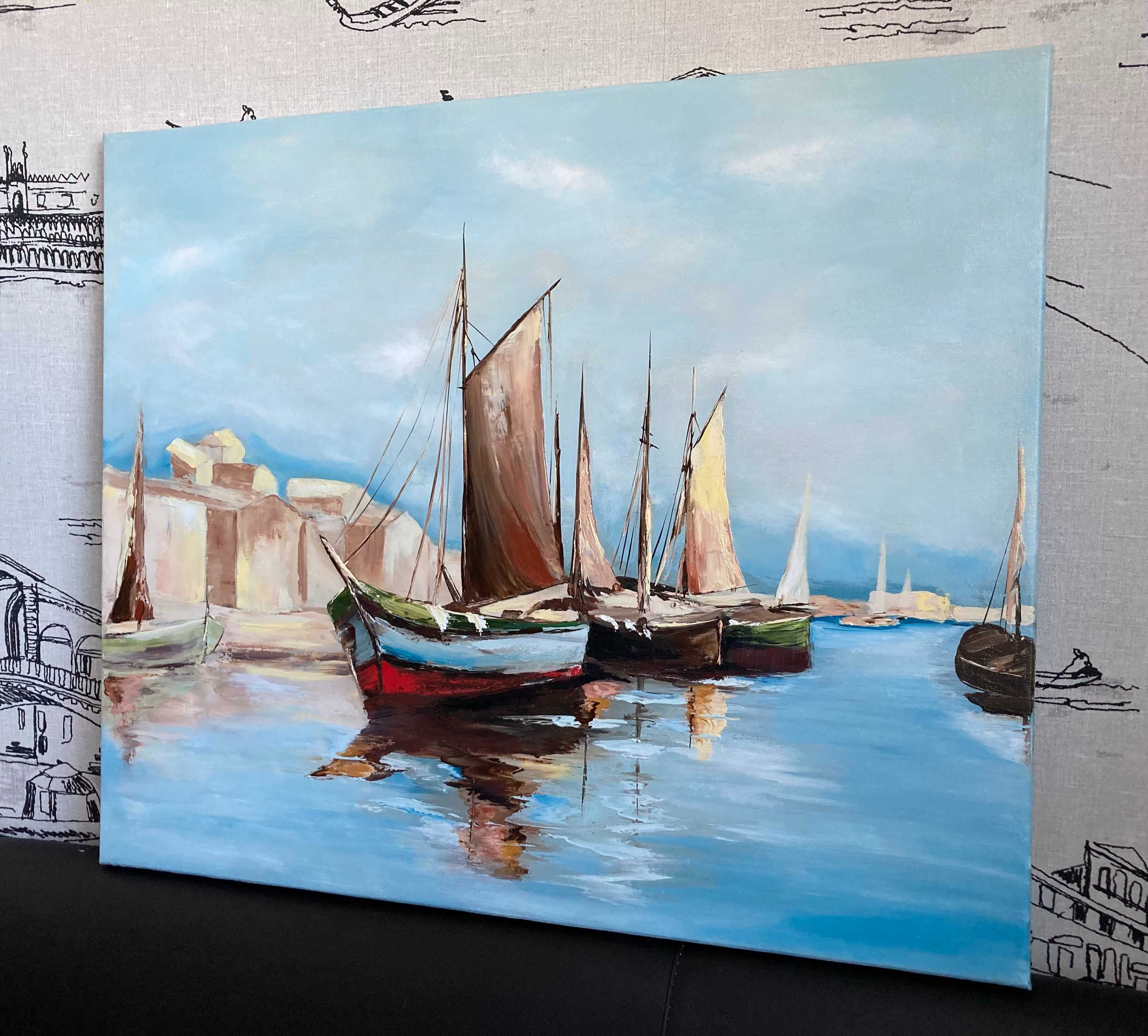 Картина олійними фарбами (маслом) Човни і море 50х60 см